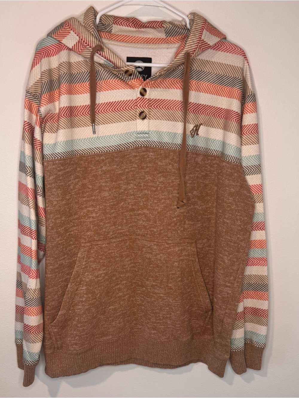 Hooey Henley Hoodie XL Brown Multicolor Chevron Stripe Western Pullover
